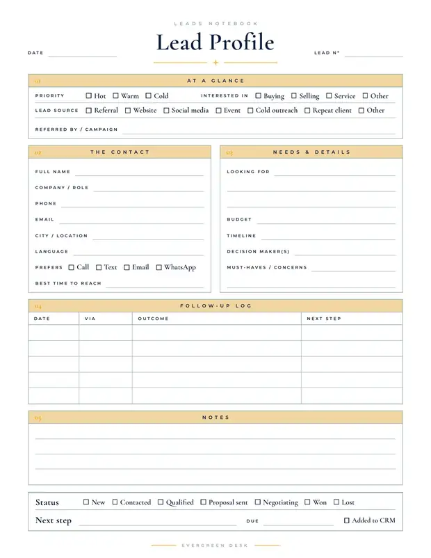 Inside the Leads & Client Notebook: a client page