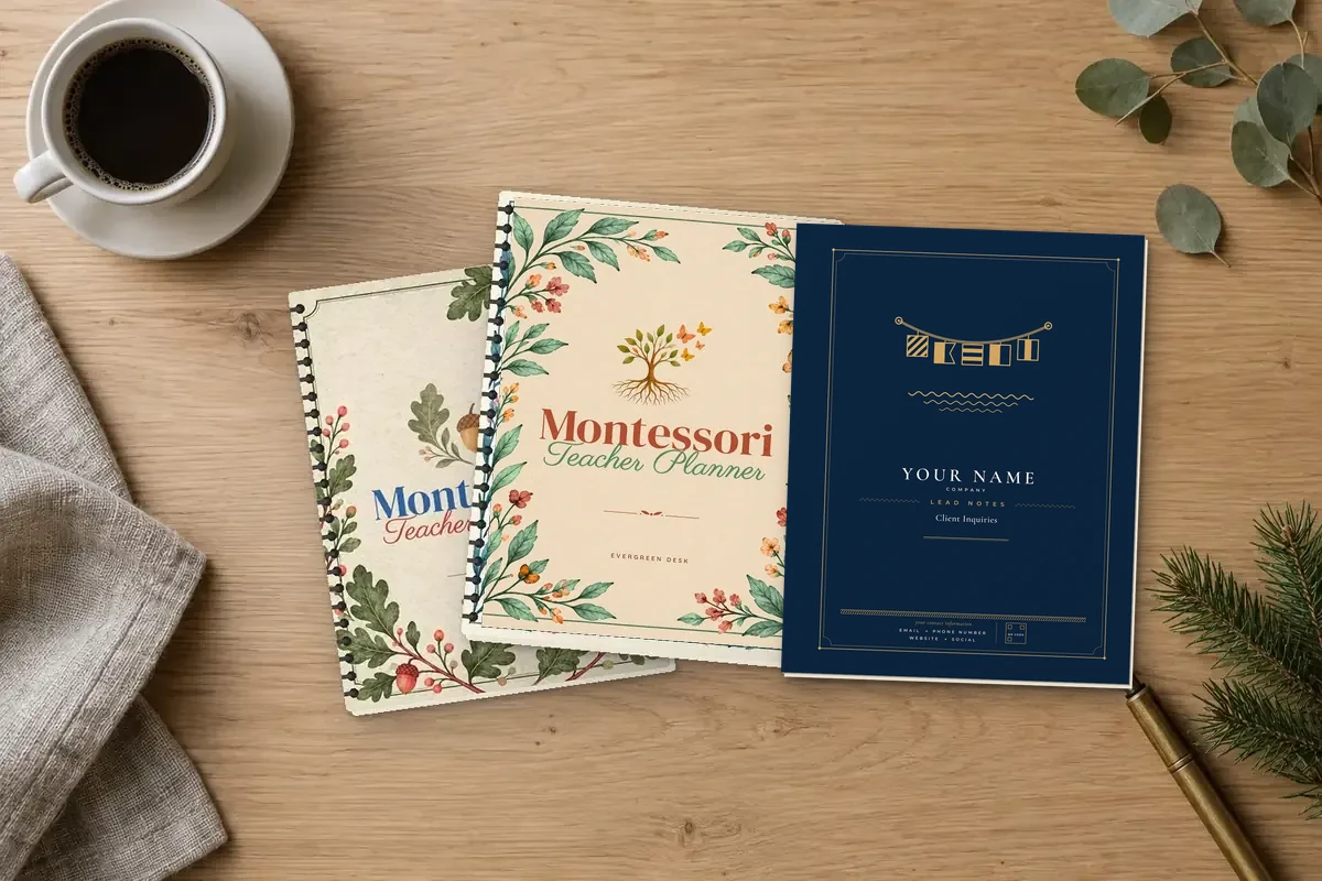 Montessori Teacher Planners and a Leads & Client Notebook on an oak desk with coffee and a pine sprig