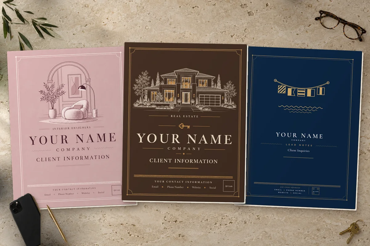 Leads & Client Notebooks for interior designers, real estate agents and yacht brokers on a stone desk